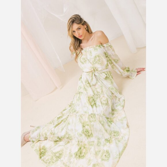 Garden Party Maxi Dress – Off-Shoulder with Waist Sash & Long Sleeves - Picture 1 of 11